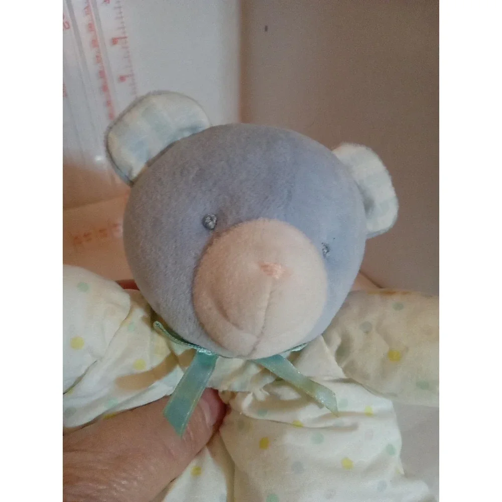 Baby Blue Teddy Rare Soft Plush rattle stripes & polka dots 8